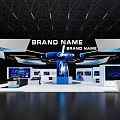 Modern Hi Tech Exhibition Booth With Blue Lighting Digital Screens and Brand Signage