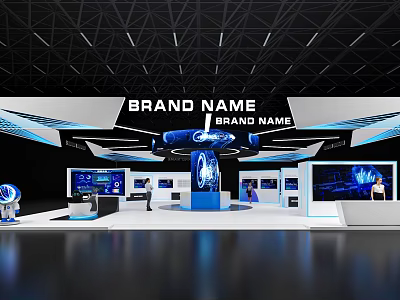 Modern Hi Tech Exhibition Booth With Blue Lighting Digital Screens and Brand Signage 3d model