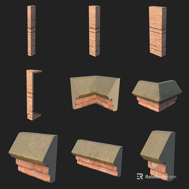 Brick Columns With Various Architectural Styles Including Roofed Tops And Corner Structures 3d model