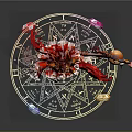 Red Haired Female Character With Magical Staff And Fantasy Creature In Magic Circle