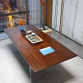 Modern Wooden Tea Table And Chairs With Glass Legs Vase Tray Books And City View