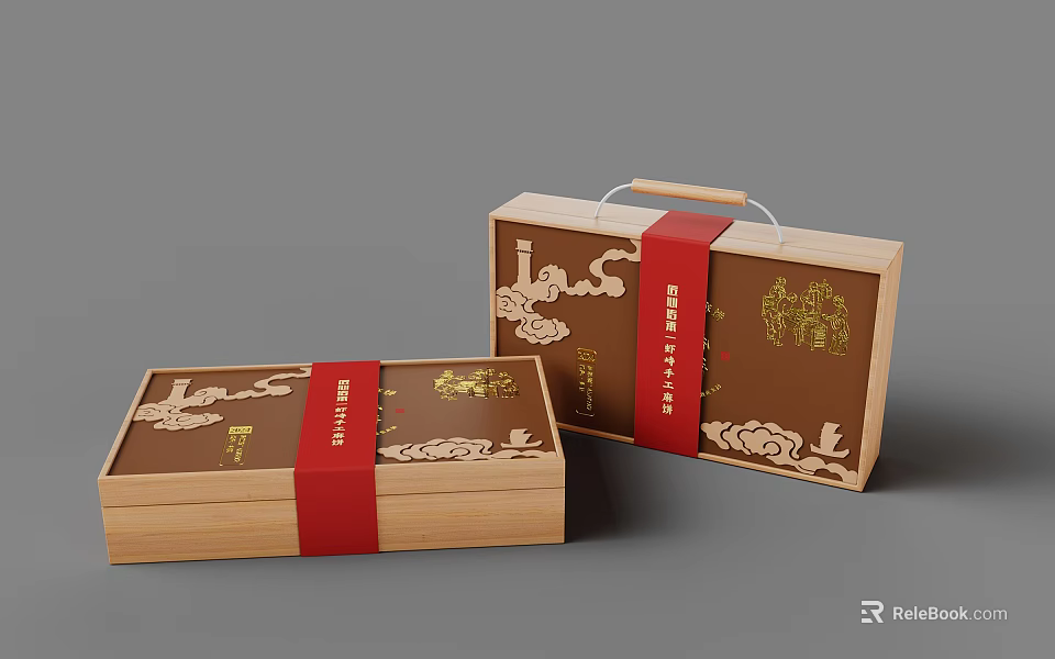 Traditional Wooden Ornament Decoration Set With Red Ribbon And Golden Patterns 3d model 