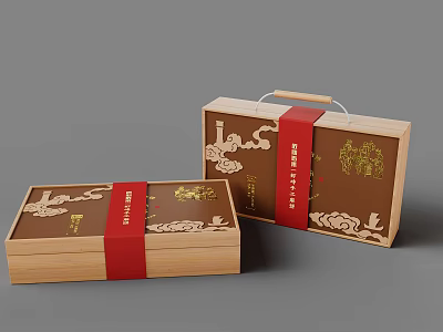 Traditional Wooden Ornament Decoration Set With Red Ribbon And Golden Patterns 3d model