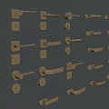 Collection of Different Styles Golden Door Handles and Locks on Gray Background