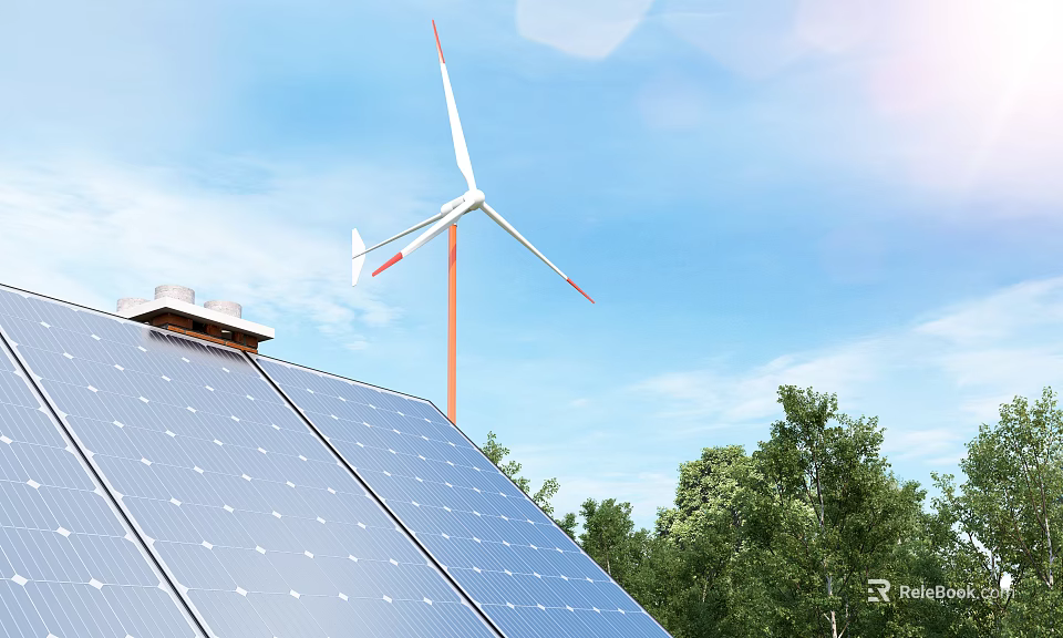 Household Appliances Powered by Solar Panels and Wind Turbine Under Blue Sky with Trees 3d model 