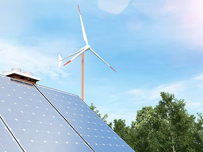 Household Appliances Powered by Solar Panels and Wind Turbine Under Blue Sky with Trees 3d model