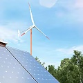 Household Appliances Powered by Solar Panels and Wind Turbine Under Blue Sky with Trees