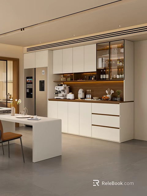 Modern Kitchen Sideboard With White Cabinets Drawers Glass Door Storage And Small Appliances 3d model 