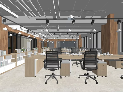 Modern Public Office Space With Open Layout Workstations Wooden Elements And Office Chairs 3d model