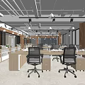 Modern Public Office Space With Open Layout Workstations Wooden Elements And Office Chairs 3d model