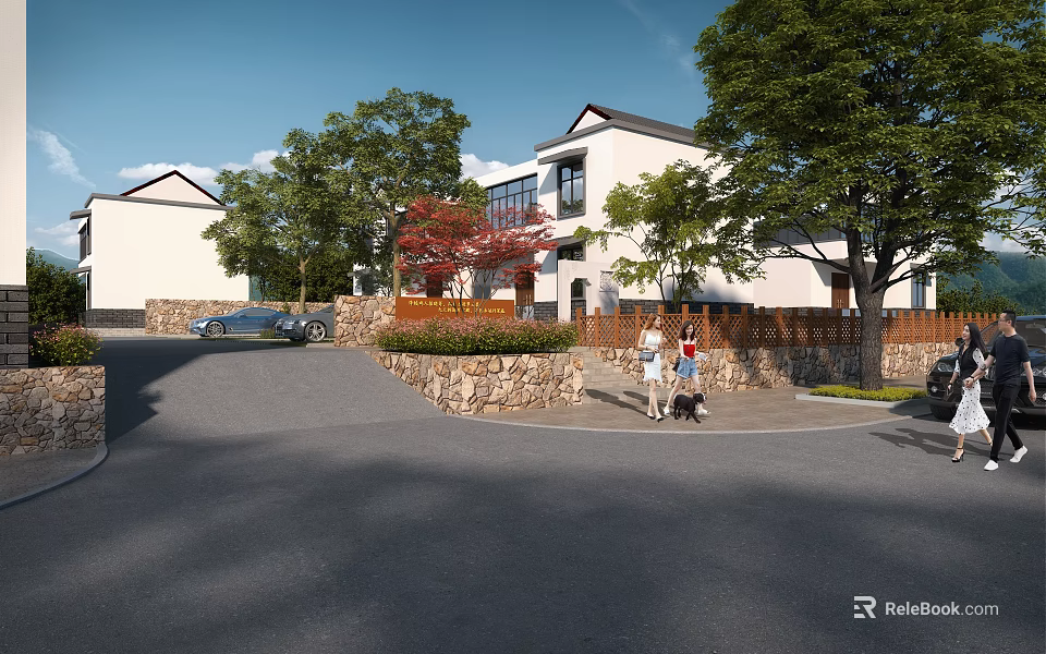Detached Villa Exterior Design With Lush Trees Stone Fence And Paved Driveway 3d model 