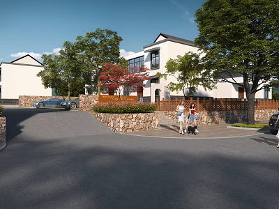 Detached Villa Exterior Design With Lush Trees Stone Fence And Paved Driveway 3d model