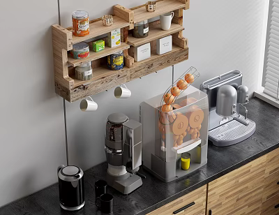 Wooden Shelf And Black Countertop With Coffee Machine Juicer And Wooden Cabinets 3d model