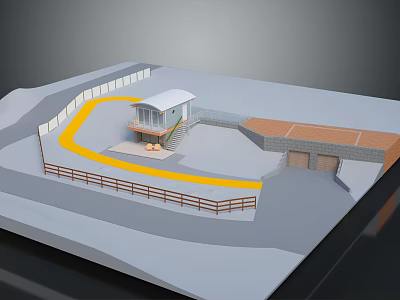 Small Building Design With Yellow Curved Pathway Wooden Railing And Steps 3d model