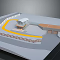 Small Building Design With Yellow Curved Pathway Wooden Railing And Steps