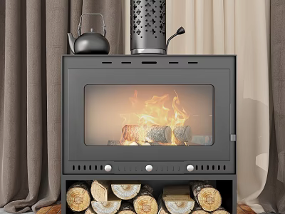 Modern Black Fireplace With Burning Flames Stacked Firewood And Kettle 3d model