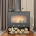 Modern Black Fireplace With Burning Flames Stacked Firewood And Kettle