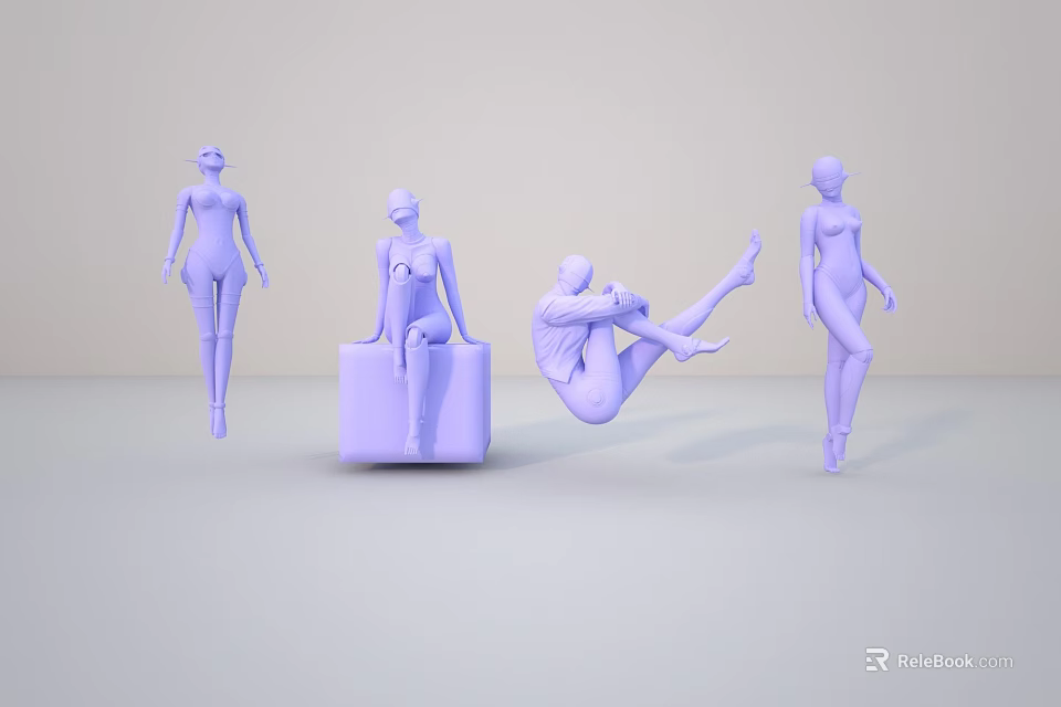 Purple Human Figures In Various Poses Standing Sitting And Lying On Light Background 3d model 