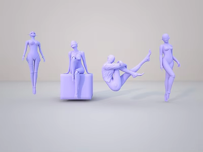 Purple Human Figures In Various Poses Standing Sitting And Lying On Light Background 3d model