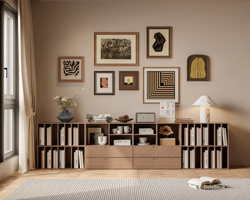 Elegant Decorative Cabinet Featuring Books Framed Artworks Vase Table Lamp And Home Decor 3d model 