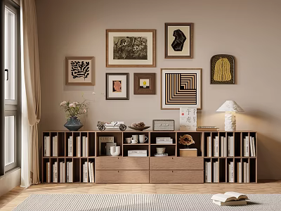 Elegant Decorative Cabinet Featuring Books Framed Artworks Vase Table Lamp And Home Decor 3d model