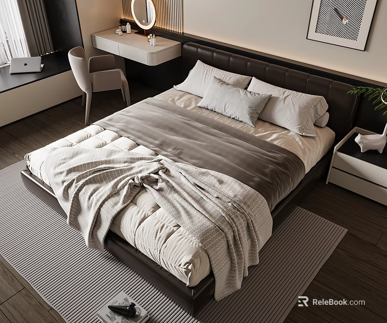 Modern Double Bed Bedroom Interior With Leather Headboard Cozy Bedding Nightstand And Soft Rug 3d model 