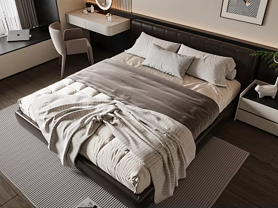 Modern Double Bed Bedroom Interior With Leather Headboard Cozy Bedding Nightstand And Soft Rug 3d model