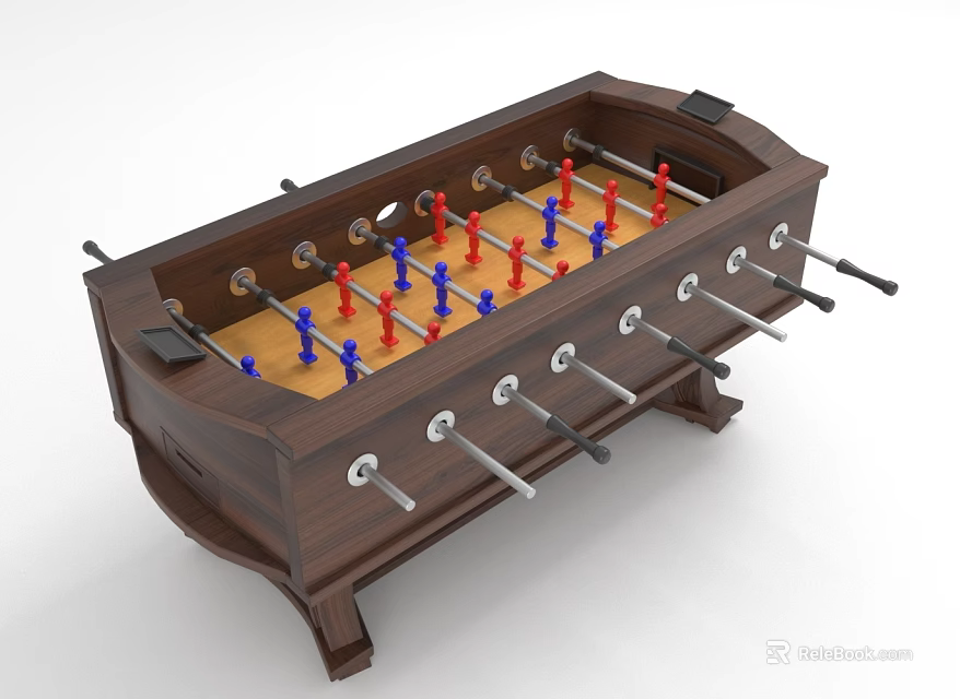 Wooden Foosball Table Play Equipment With Red Blue Players And Metal Rods 3d model 