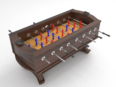 Wooden Foosball Table Play Equipment With Red Blue Players And Metal Rods 3d model