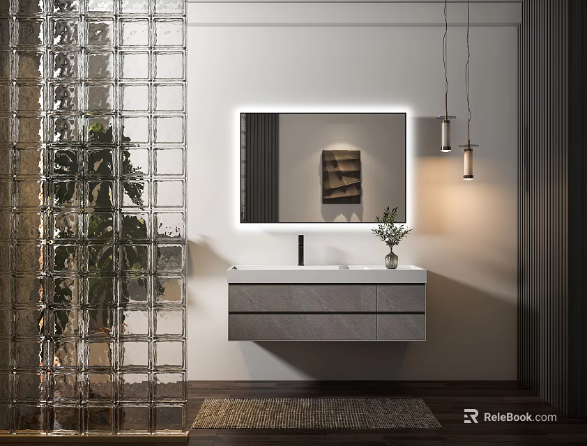 Modern Washbasin Vanity With Backlit Mirror Drawers And Hanging Pendant Lights 3d model 