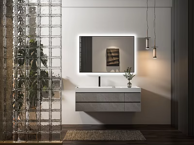 Modern Washbasin Vanity With Backlit Mirror Drawers And Hanging Pendant Lights 3d model