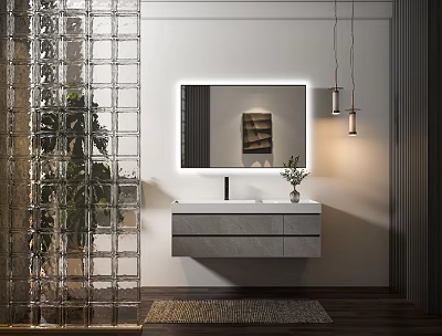 Modern Washbasin Vanity With Backlit Mirror Drawers And Hanging Pendant Lights 3d model
