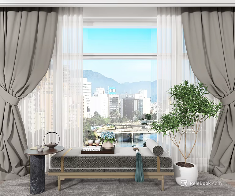 Grey Curtains With White Sheer Panels Enhance Large Window City Mountain View Indoor Decor 3d model 