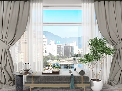 Grey Curtains With White Sheer Panels Enhance Large Window City Mountain View Indoor Decor 3d model