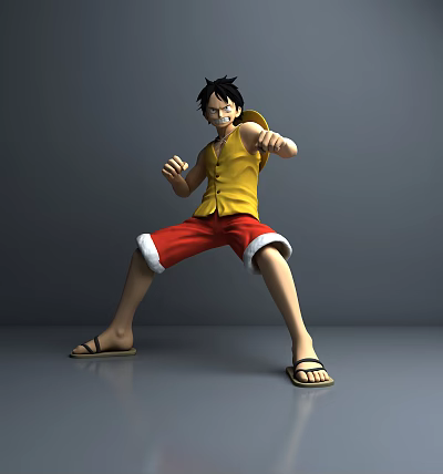 Anime Character Wearing Yellow Vest Red Shorts With Black Hair Straw Hat in Fighting Pose 3d model