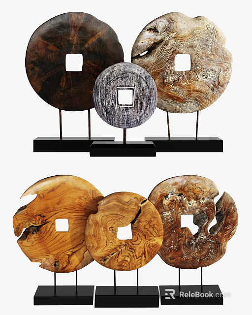 Wooden Decorative Ornament Set With Circular Design And Black Stands 3d model 