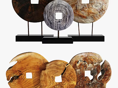 Wooden Decorative Ornament Set With Circular Design And Black Stands 3d model