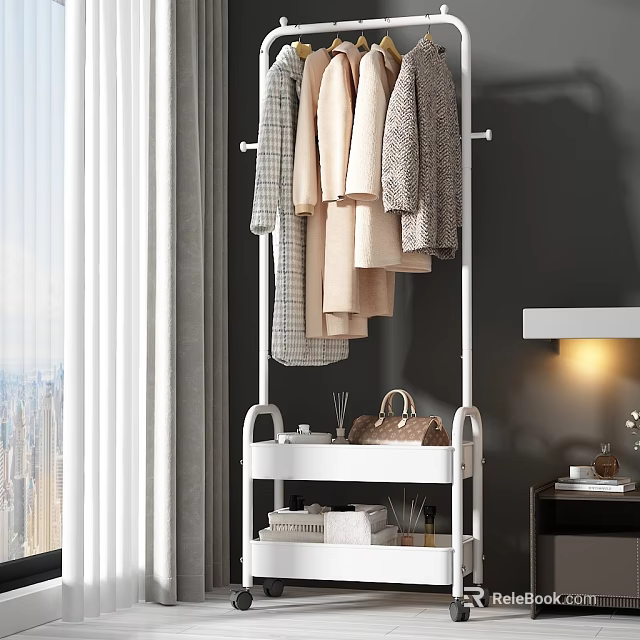 White Freestanding Clothes Rack With Hanging Garments And Storage Shelves 3d model 