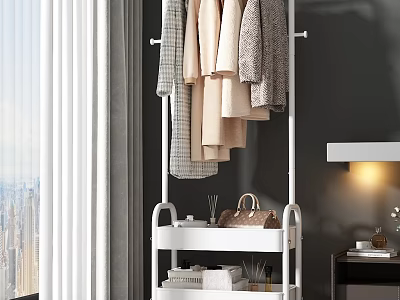 White Freestanding Clothes Rack With Hanging Garments And Storage Shelves 3d model