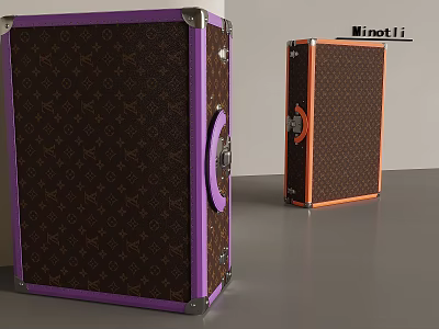 Minotti Trunk with Purple and Orange Trim Brown Patterned Hard Shell Exterior 3d model