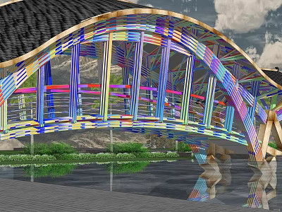 Colorful Arch Bridge With Vibrant Colored Frames And Water Surface Reflection Scenic View 3d model