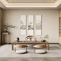 Traditional Chinese Tea Room Interior With Three Landscape Paintings Wooden Furniture Tea Sets And Bookshelves