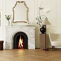 Marble Fireplace With Burning Fire Gold Framed Mirror Floor Lamp Accent Chair And Herringbone Floor