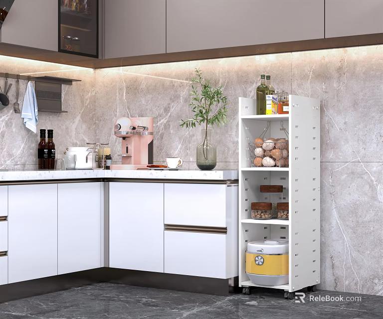 Modern Kitchen Interior With White Cabinets Marble Texture Wall And Storage Shelf 3d model