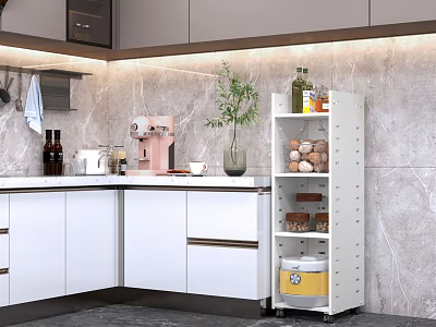 Modern Kitchen Interior With White Cabinets Marble Texture Wall And Storage Shelf 3d model