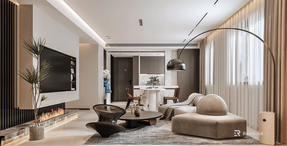 Modern Dining and Living Room Interior Design With Fireplace Sofa And Dining Table 3d model 