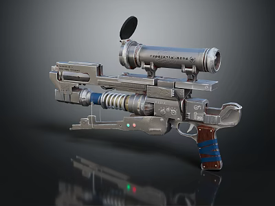 Futuristic Sci Fi Weapon With Metallic Scope Blue Stripes And Brown Grip 3d model