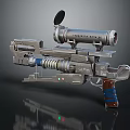 Futuristic Sci Fi Weapon With Metallic Scope Blue Stripes And Brown Grip 3d model