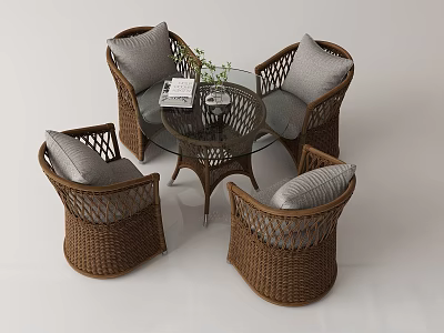 Leisure Sofa Set with Rattan Design Glass Coffee Table Gray Cushions and Four Seats 3d model