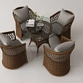 Leisure Sofa Set with Rattan Design Glass Coffee Table Gray Cushions and Four Seats